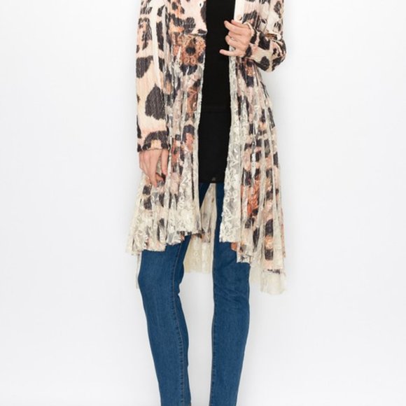 new ORIGAMI DESIGNER LEOPARD PRINT LACE CARDIGAN SWEATER SM-3X western bohemian - Picture 2 of 6